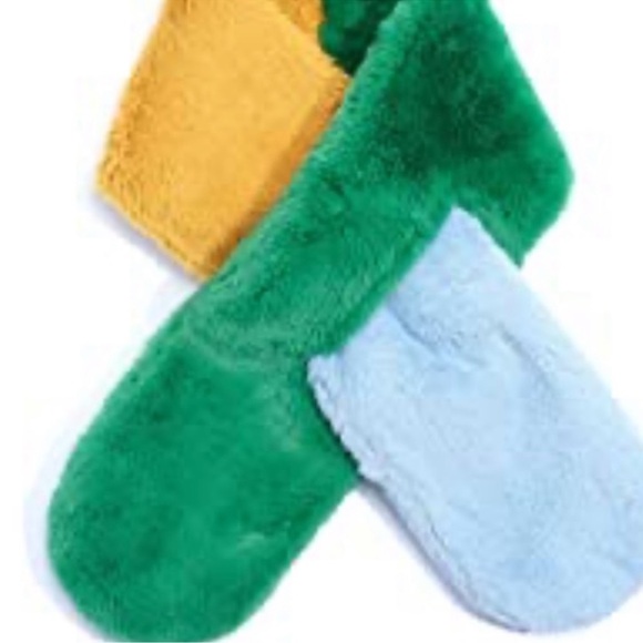 ECHO BLUE GREEN YELLOW FAUX FUR COLORBLOCK PULL THROUGH SCARF OS - Picture 2 of 6